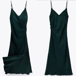 Zara Blogger Favorite Draped Satin Midi Slip Dress dark Green Size XS